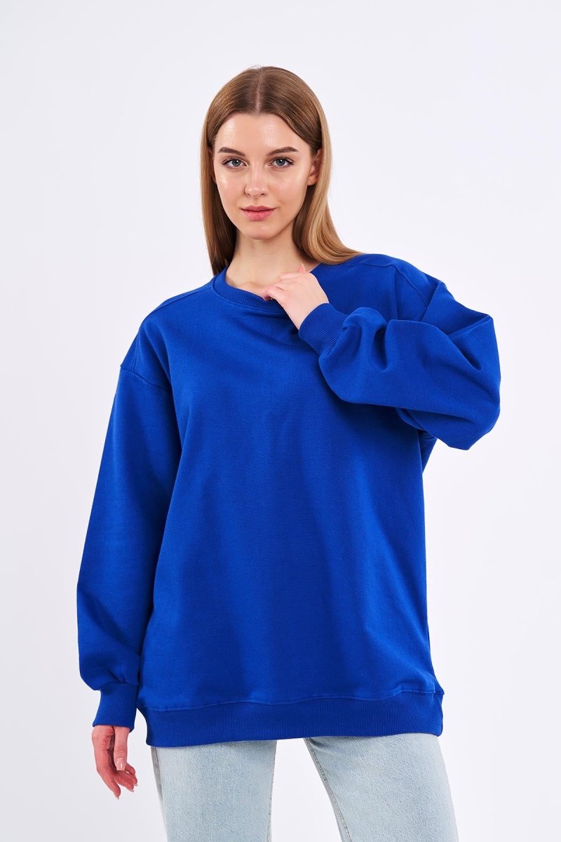 Saks Kadın Pamuklu Oversize Basic Bisiklet Yaka Sweatshirt - MMETALIC