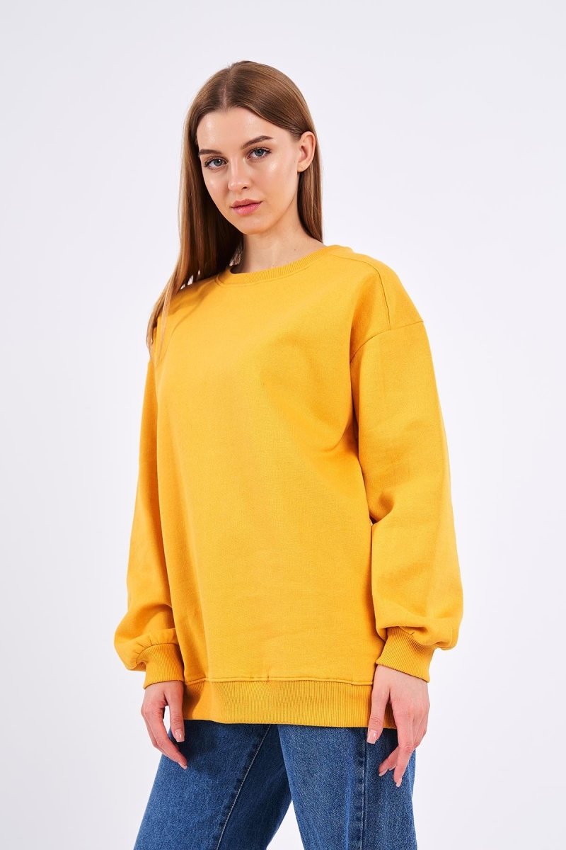Sarı Kadın Pamuklu Oversize Basic Bisiklet Yaka Sweatshirt - MMETALIC