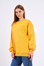 Sarı Kadın Pamuklu Oversize Basic Bisiklet Yaka Sweatshirt - MMETALIC