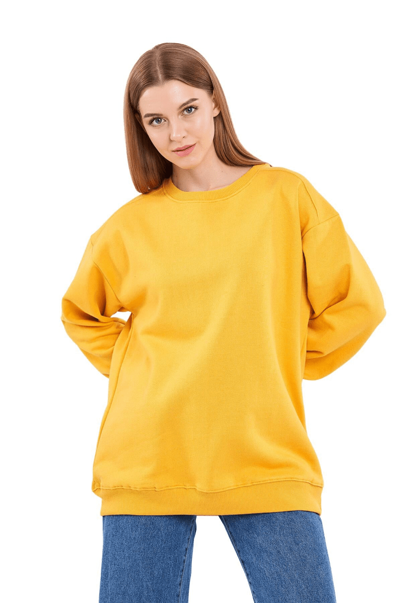Sarı Kadın Pamuklu Oversize Basic Bisiklet Yaka Sweatshirt - MMETALIC