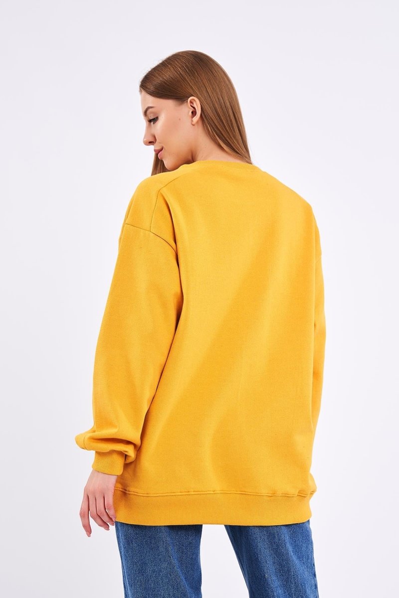 Sarı Kadın Pamuklu Oversize Basic Bisiklet Yaka Sweatshirt - MMETALIC
