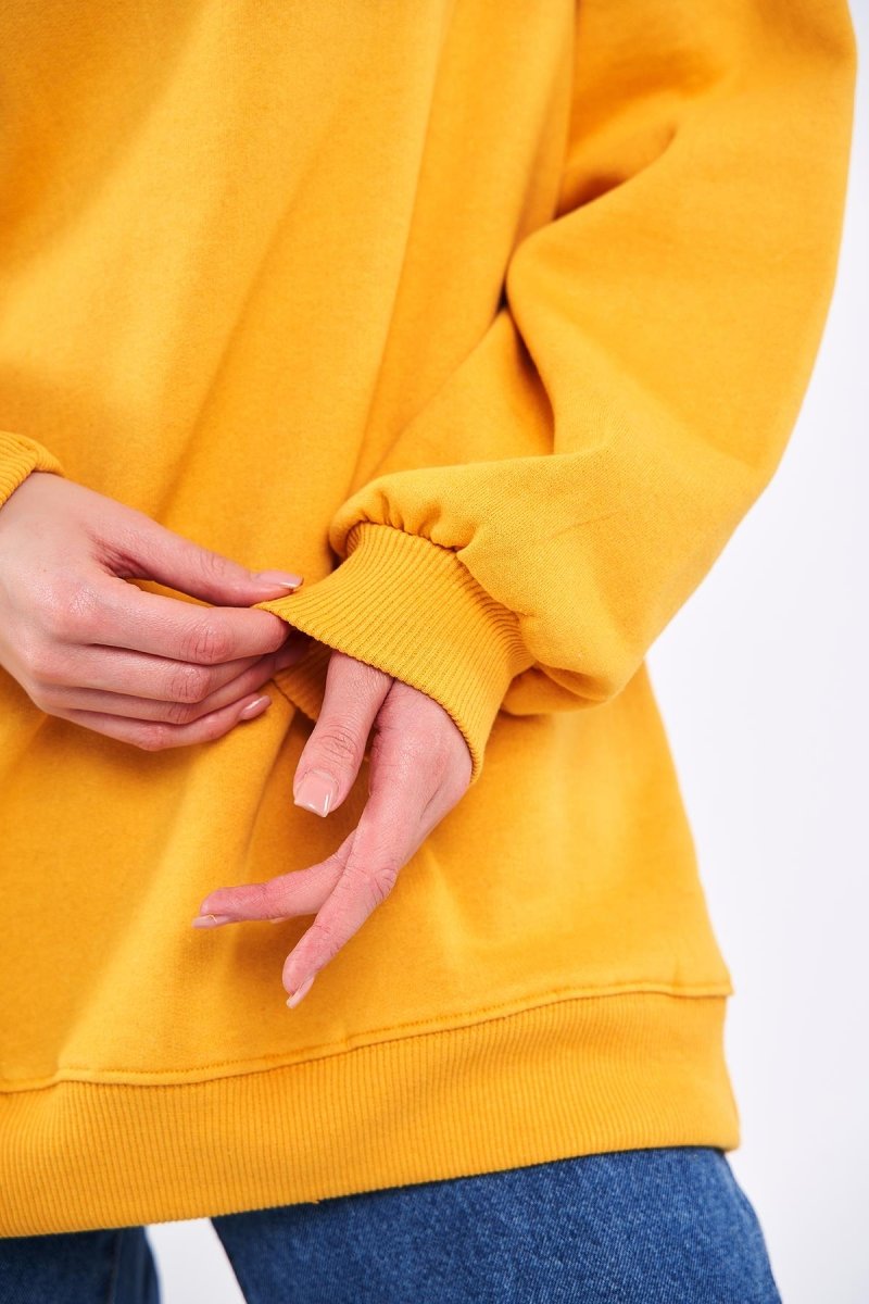 Sarı Kadın Pamuklu Oversize Basic Bisiklet Yaka Sweatshirt - MMETALIC