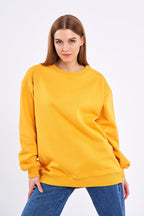 Sarı Kadın Pamuklu Oversize Basic Bisiklet Yaka Sweatshirt - MMETALIC