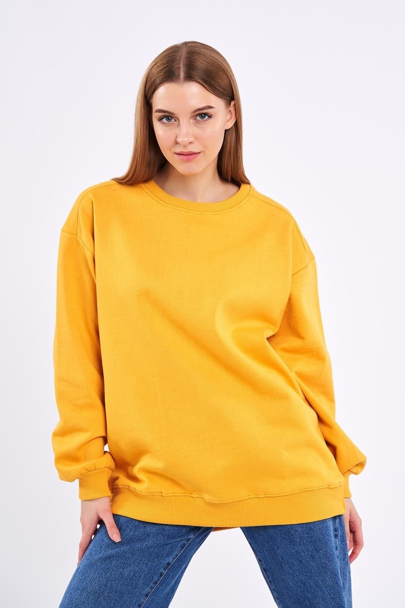 Sarı Kadın Pamuklu Oversize Basic Bisiklet Yaka Sweatshirt - MMETALIC