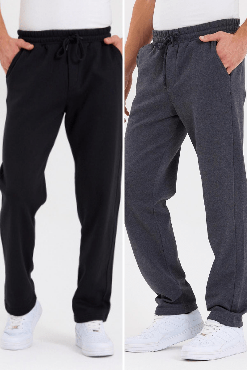 Siyah - Antrasit Arka Cepli Etiket Detaylı Düz Paça Erkek İçi Pamuklu 2'li Eşofman Altı Paketi - MMETALIC