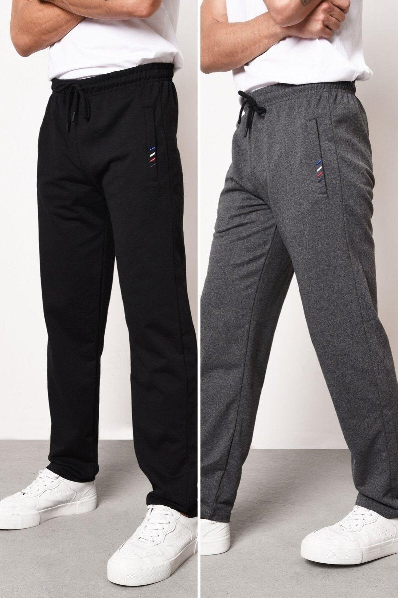 Siyah - Antrasit Erkek Fermuar Cep Nakış Detaylı Düz Paça Rahat Kesim 2'li Eşofman Altı Paketi - MMETALIC