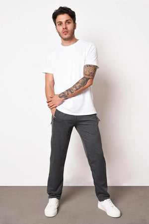 Siyah - antrasit Erkek Fermuar Cep Nakış Detaylı Düz Paça Rahat Kesim 2'li Eşofman Altı Paketi - MMETALIC