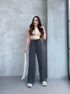 Siyah - Antrasit Kadın Mevsimlik Salaş Geniş Paça Yüksek Bel 2'li Eşofman Altı - MMETALIC