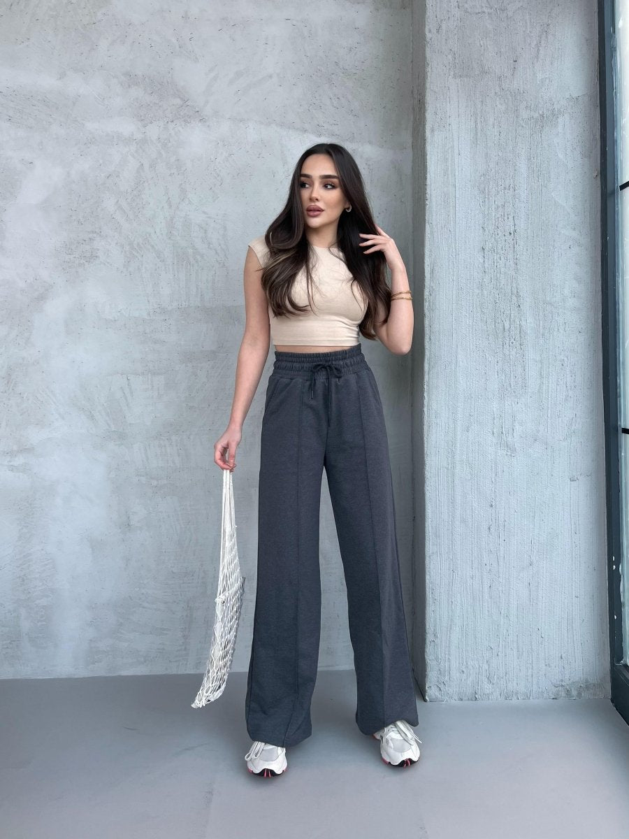 Siyah - Antrasit Kadın Mevsimlik Salaş Geniş Paça Yüksek Bel 2'li Eşofman Altı - MMETALIC