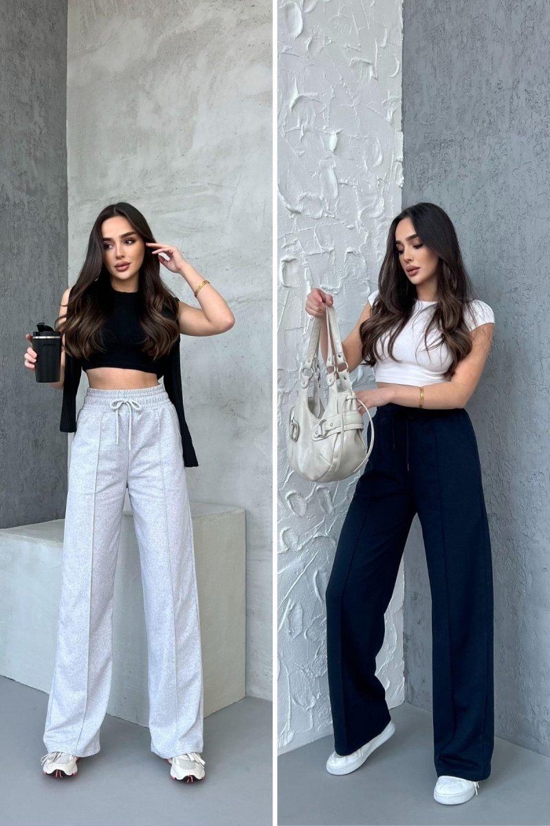 Siyah - Antrasit Kadın Mevsimlik Salaş Geniş Paça Yüksek Bel 2'li Eşofman Altı - MMETALIC