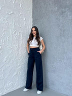 Siyah - Antrasit Kadın Mevsimlik Salaş Geniş Paça Yüksek Bel 2'li Eşofman Altı - MMETALIC