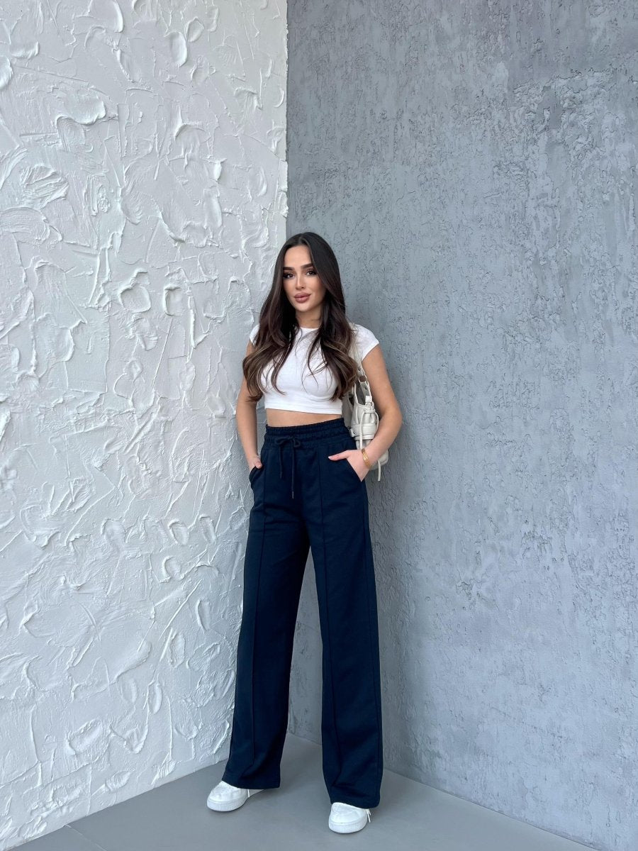 Siyah - Antrasit Kadın Mevsimlik Salaş Geniş Paça Yüksek Bel 2'li Eşofman Altı - MMETALIC