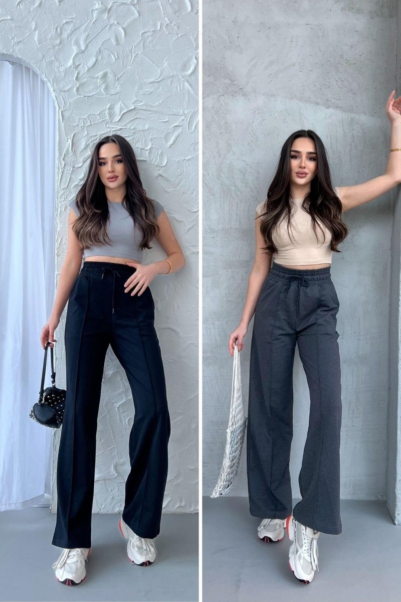 Siyah - Antrasit Kadın Mevsimlik Salaş Geniş Paça Yüksek Bel 2'li Eşofman Altı - MMETALIC