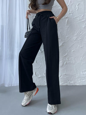 Siyah - Antrasit Kadın Mevsimlik Salaş Geniş Paça Yüksek Bel 2'li Eşofman Altı - MMETALIC