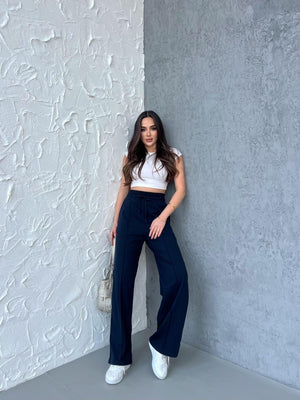 Siyah - Antrasit Kadın Mevsimlik Salaş Geniş Paça Yüksek Bel 2'li Eşofman Altı - MMETALIC