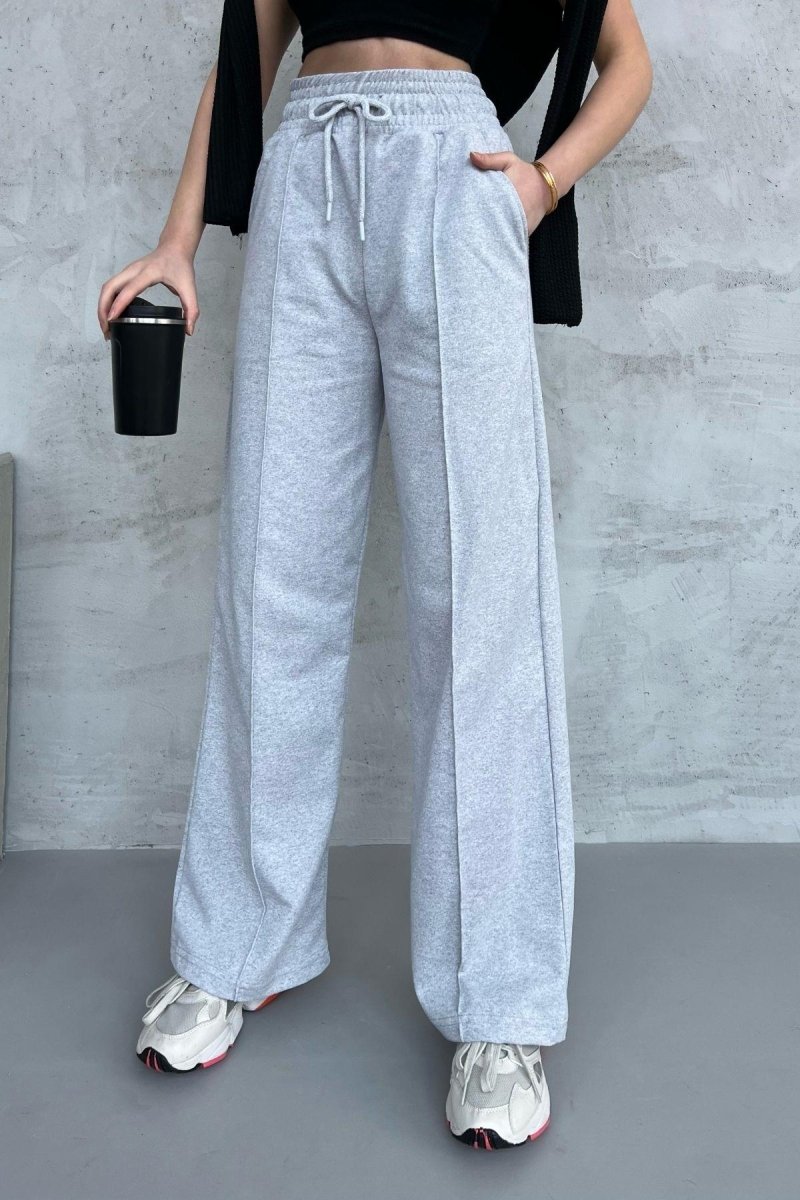 Siyah - Antrasit Kadın Mevsimlik Salaş Geniş Paça Yüksek Bel 2'li Eşofman Altı - MMETALIC