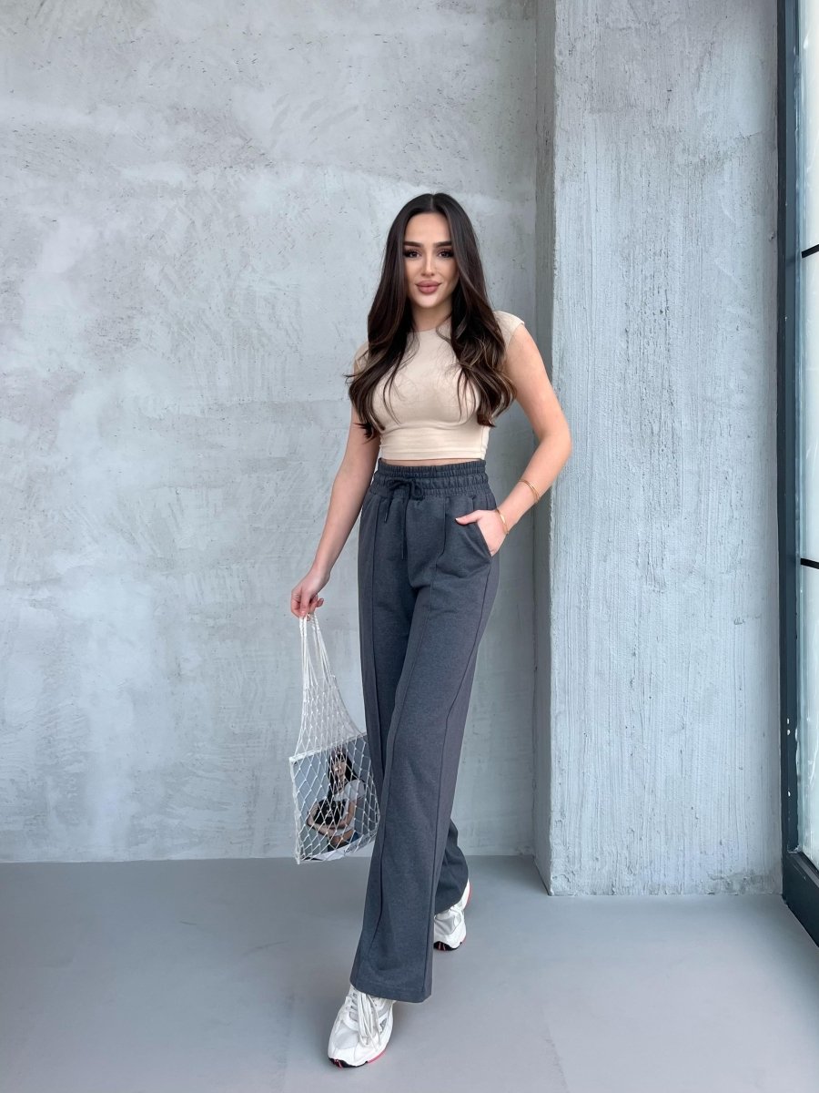 Siyah - Antrasit Kadın Mevsimlik Salaş Geniş Paça Yüksek Bel 2'li Eşofman Altı - MMETALIC