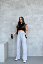 Siyah - Antrasit Kadın Mevsimlik Salaş Geniş Paça Yüksek Bel 2'li Eşofman Altı - MMETALIC