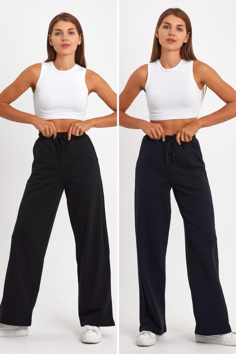 Siyah - Antrasit Kadın Mevsimlik Salaş Geniş Rahat Paça Yan Cepli 2'Li Eşofman Altı - MMETALIC