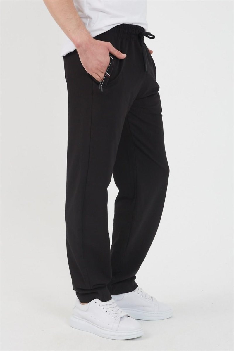 Siyah Erkek Fermuar Cep Nakış Detaylı Düz Paça Rahat Kesim Eşofman Altı MTLCO05 - MMETALIC