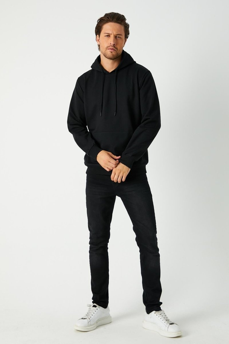Siyah Erkek Kapüşonlu Kanguru Cepli Sweatshirt - MMETALIC