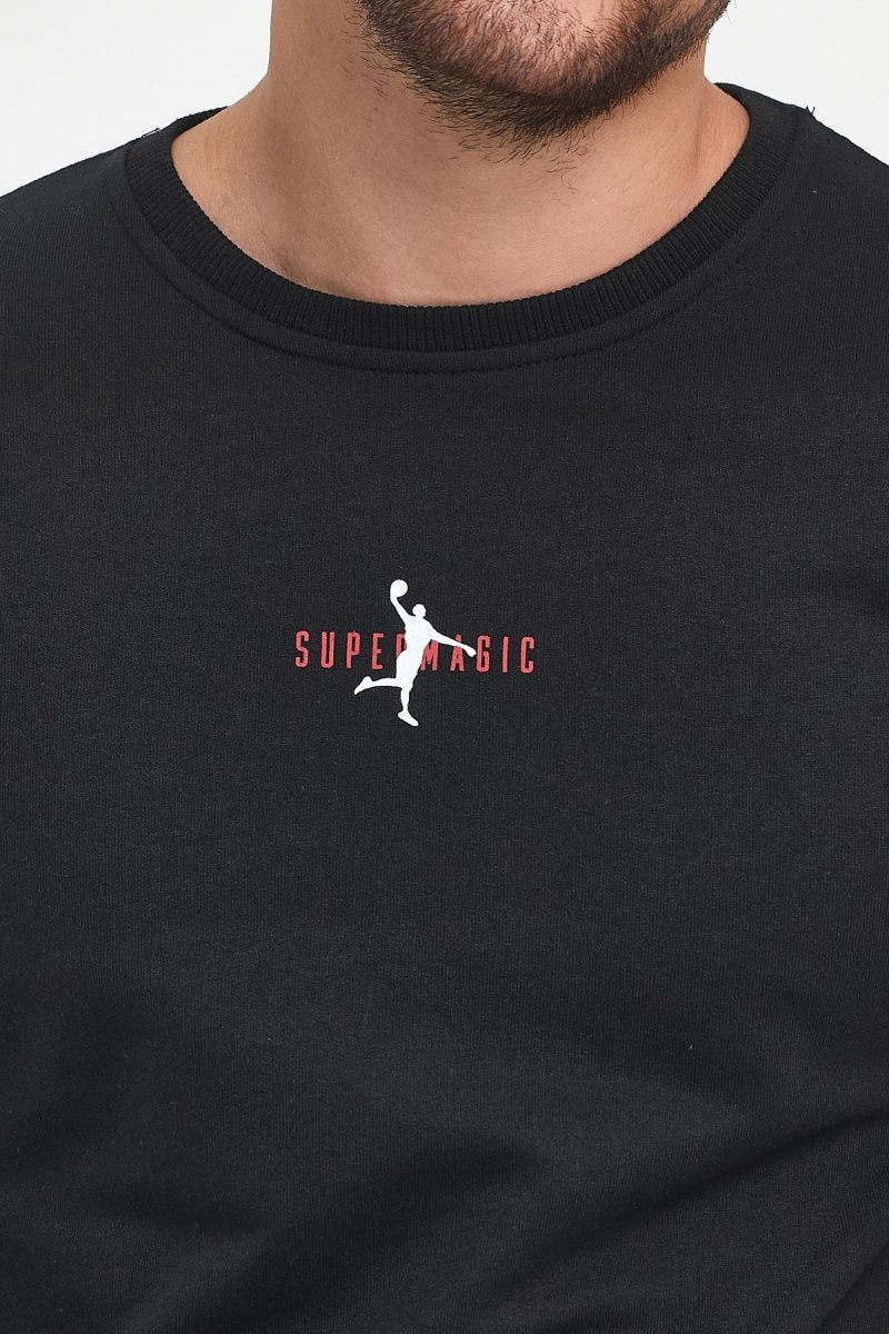 Siyah Erkek Supermagic Göğüs Baskılı Basic Sweatshirt - MMETALIC