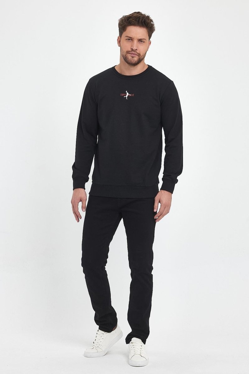 Siyah Erkek Supermagic Göğüs Baskılı Basic Sweatshirt - MMETALIC