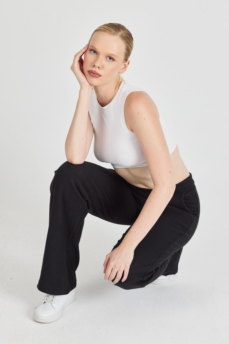 Siyah Fitilli Geniş Paça Kaşkorse Yüksek Bel Cepli Kadın Eşofman Altı - MMETALIC