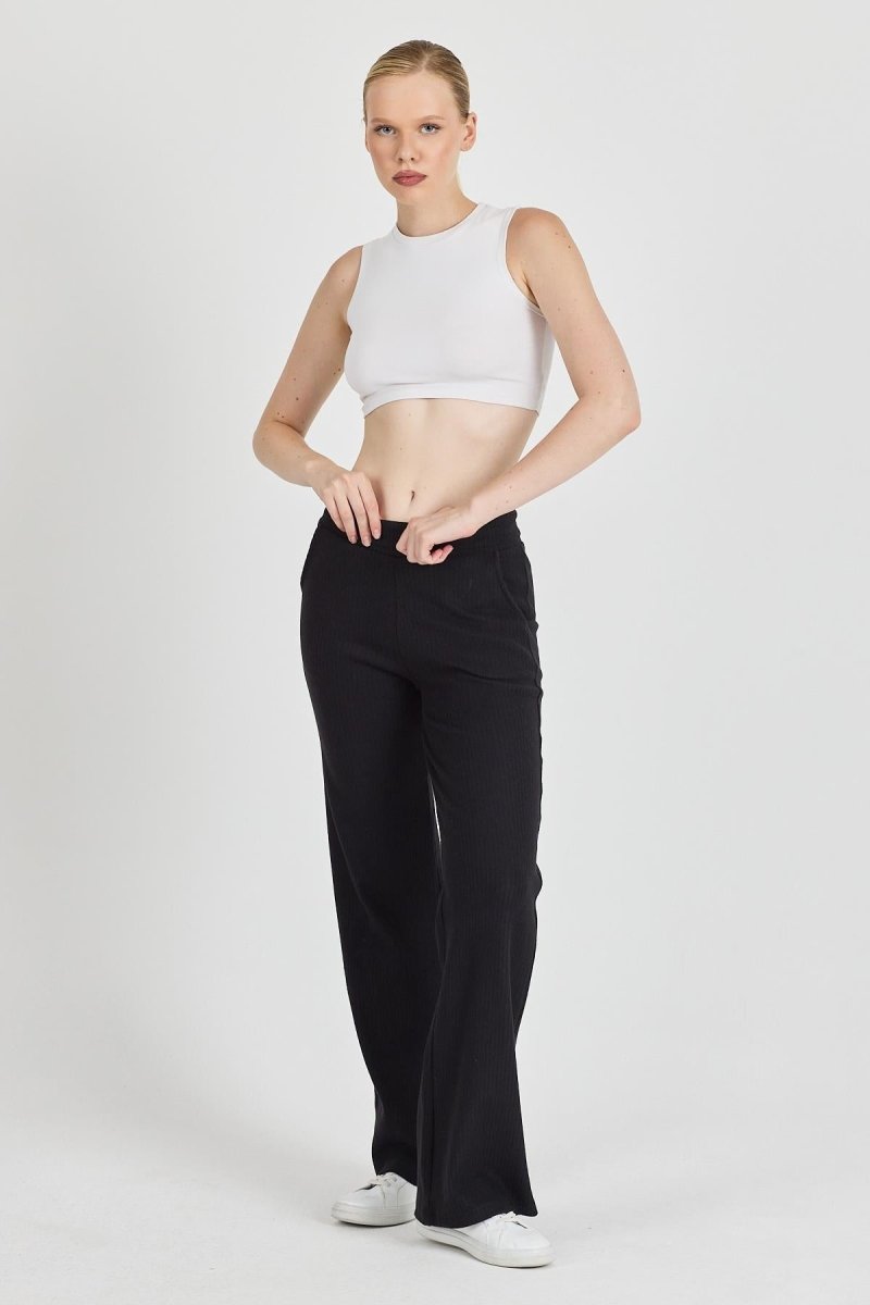 Siyah Fitilli Geniş Paça Kaşkorse Yüksek Bel Cepli Kadın Eşofman Altı - MMETALIC