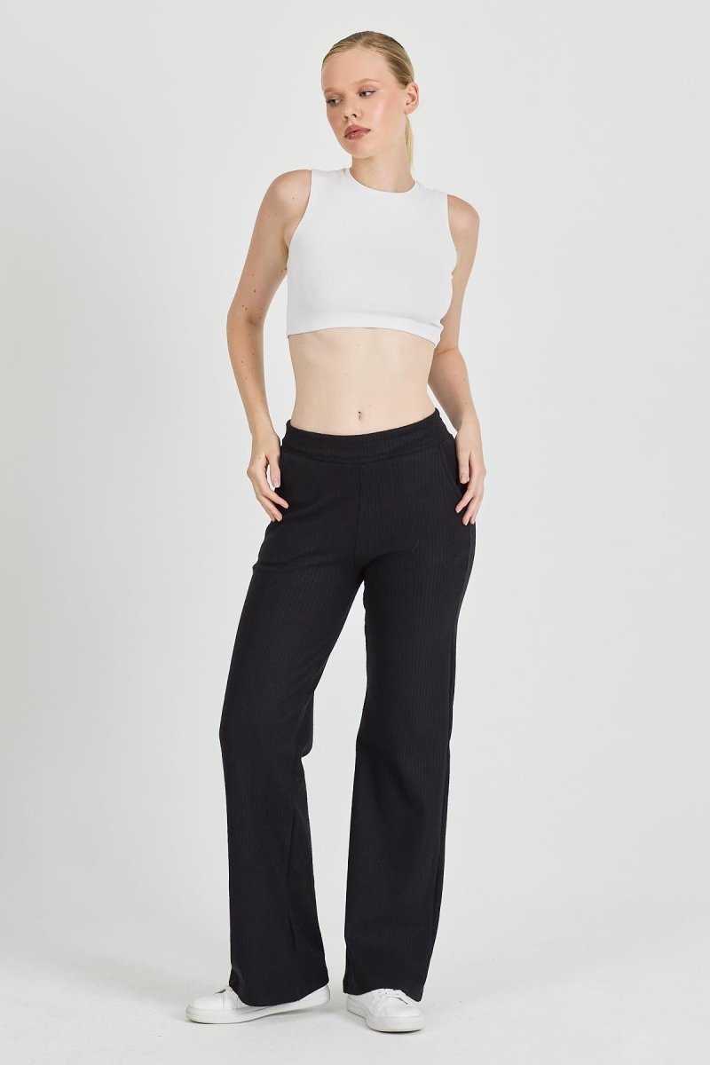 Siyah Fitilli Geniş Paça Kaşkorse Yüksek Bel Cepli Kadın Eşofman Altı - MMETALIC