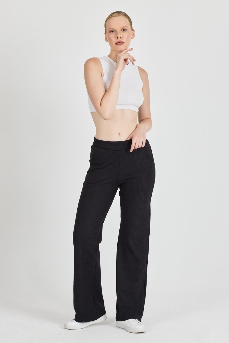 Siyah Fitilli Geniş Paça Kaşkorse Yüksek Bel Cepli Kadın Eşofman Altı - MMETALIC