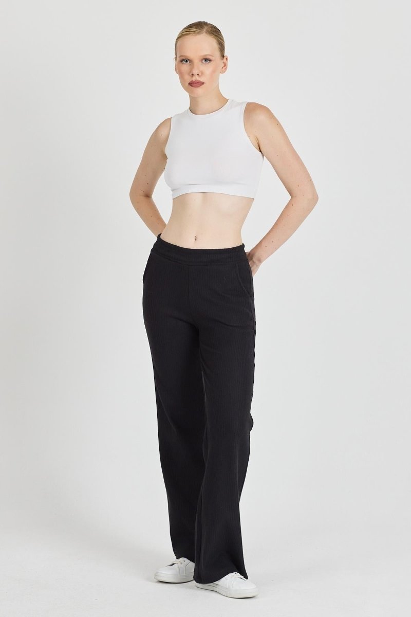 Siyah Fitilli Geniş Paça Kaşkorse Yüksek Bel Cepli Kadın Eşofman Altı - MMETALIC