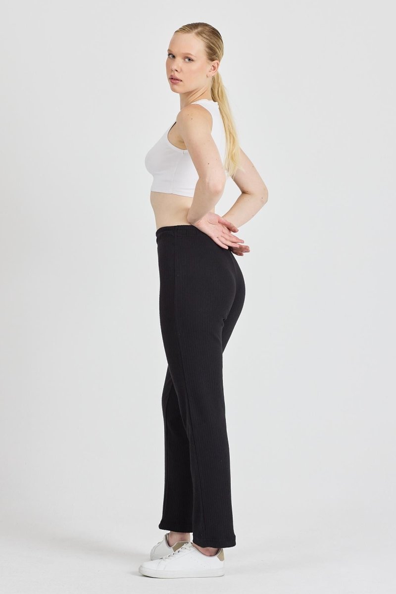 Siyah Fitilli Geniş Paça Pamuklu İnce Yüksek Bel Kadın Eşofman Altı - MMETALIC