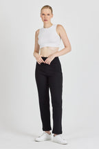 Siyah Fitilli Geniş Paça Pamuklu İnce Yüksek Bel Kadın Eşofman Altı - MMETALIC