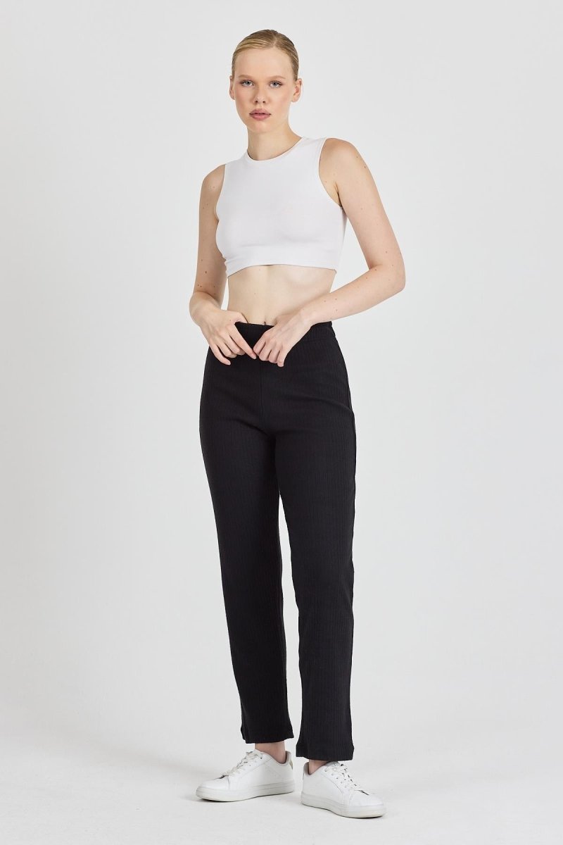 Siyah Fitilli Geniş Paça Pamuklu İnce Yüksek Bel Kadın Eşofman Altı - MMETALIC