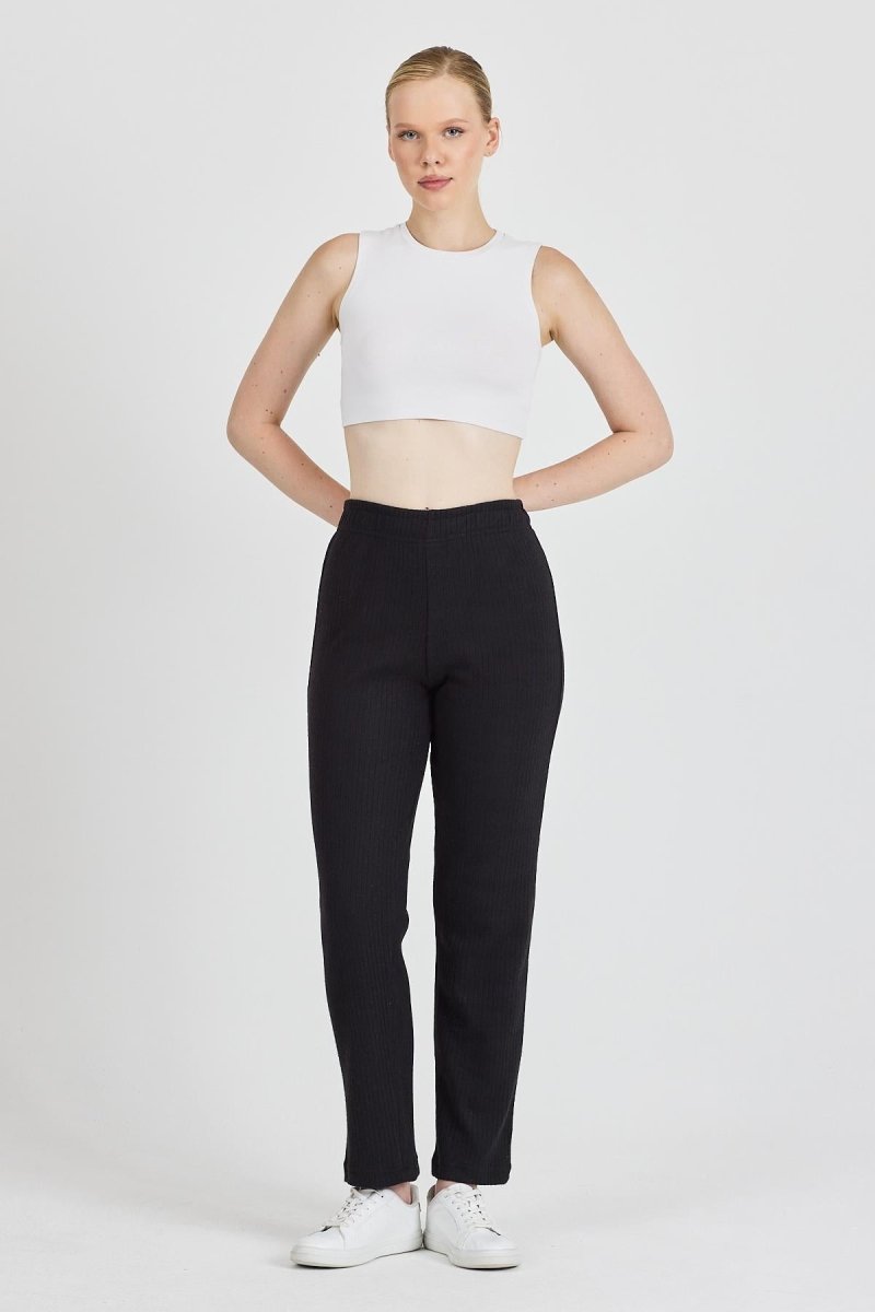 Siyah Fitilli Geniş Paça Pamuklu İnce Yüksek Bel Kadın Eşofman Altı - MMETALIC