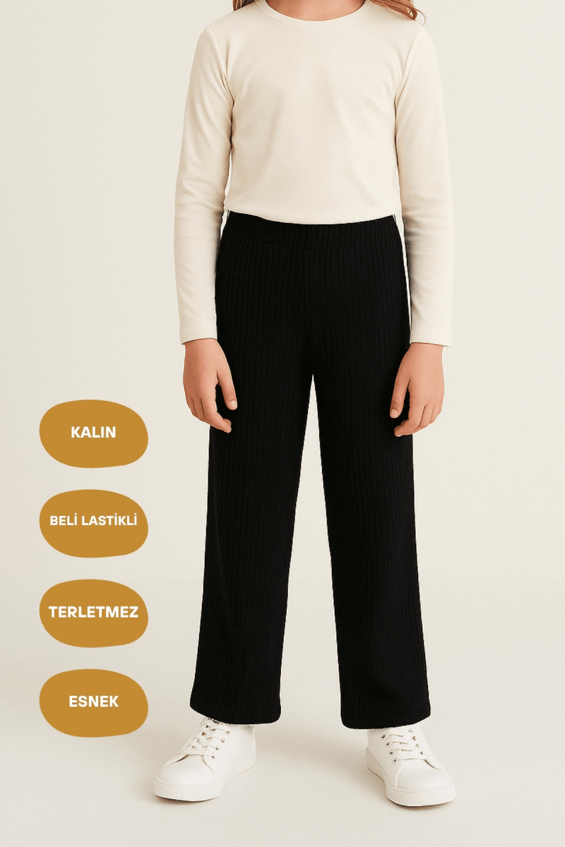 Siyah Geniş Paça Beli Lastikli Kışlık Pamuklu Çocuk Eşofman Altı - MMETALIC
