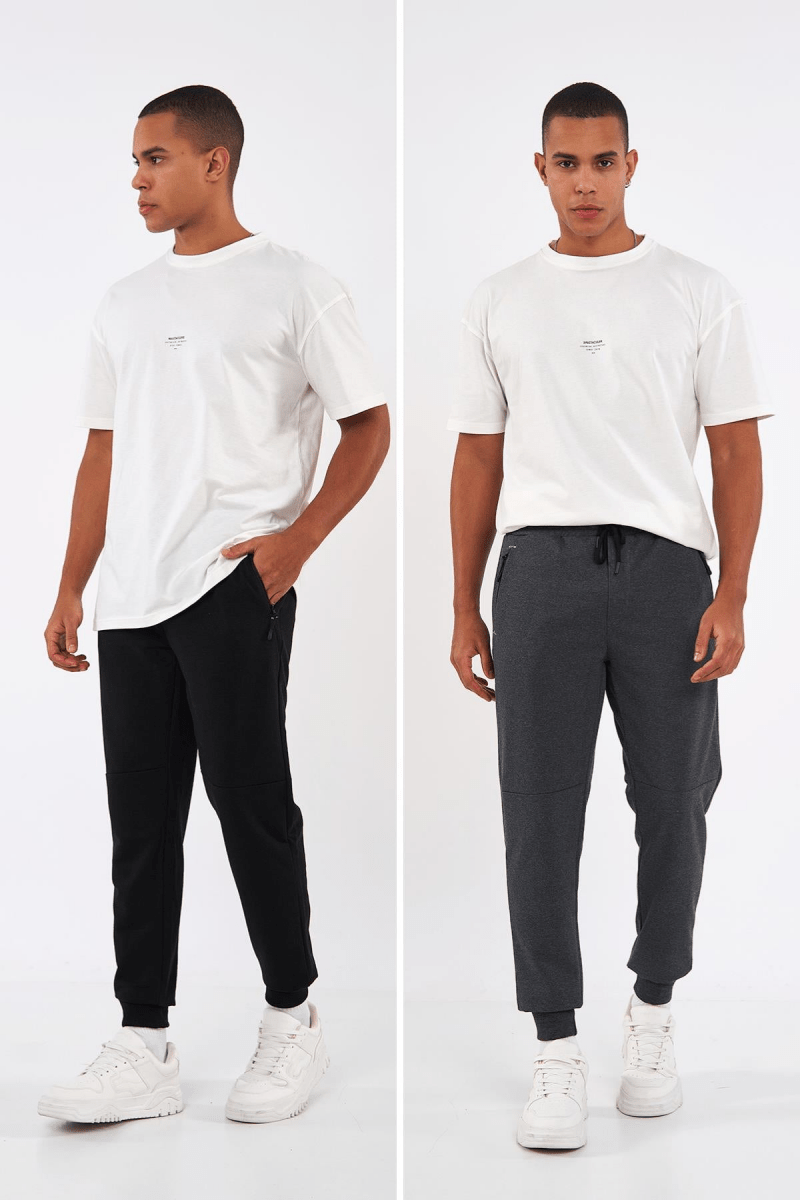 Sİyah - Gri Erkek Paçası Lastikli 2'li Eşofman Altı - MMETALIC