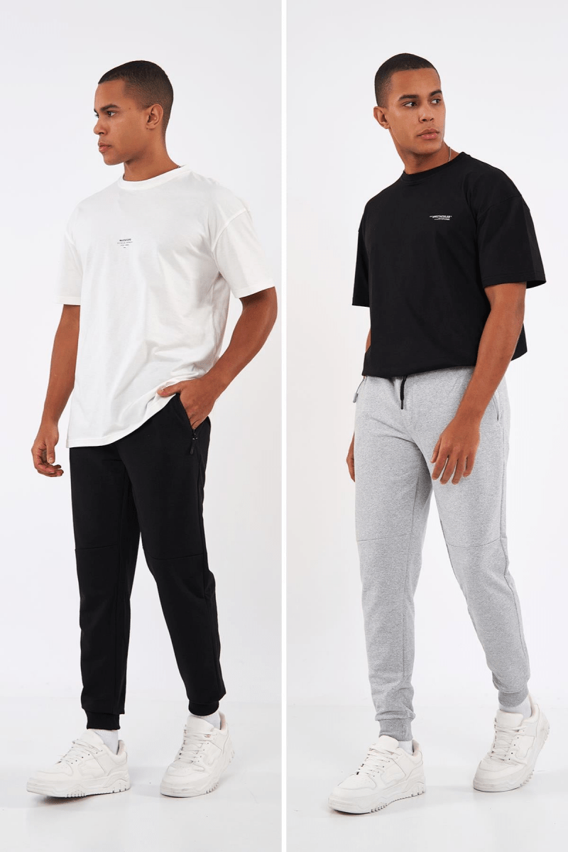 Sİyah - Gri Erkek Paçası Lastikli 2'li Eşofman Altı - MMETALIC