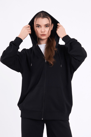 Siyah Kanguru Cepli Kapüşonlu Fermuarlı Oversize Kadın Sweatshirt MTLCB73 - MMETALIC