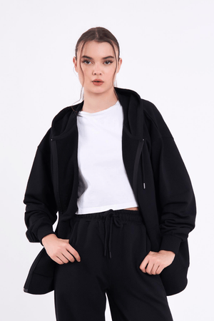 Siyah Kanguru Cepli Kapüşonlu Fermuarlı Oversize Kadın Sweatshirt MTLCB73 - MMETALIC