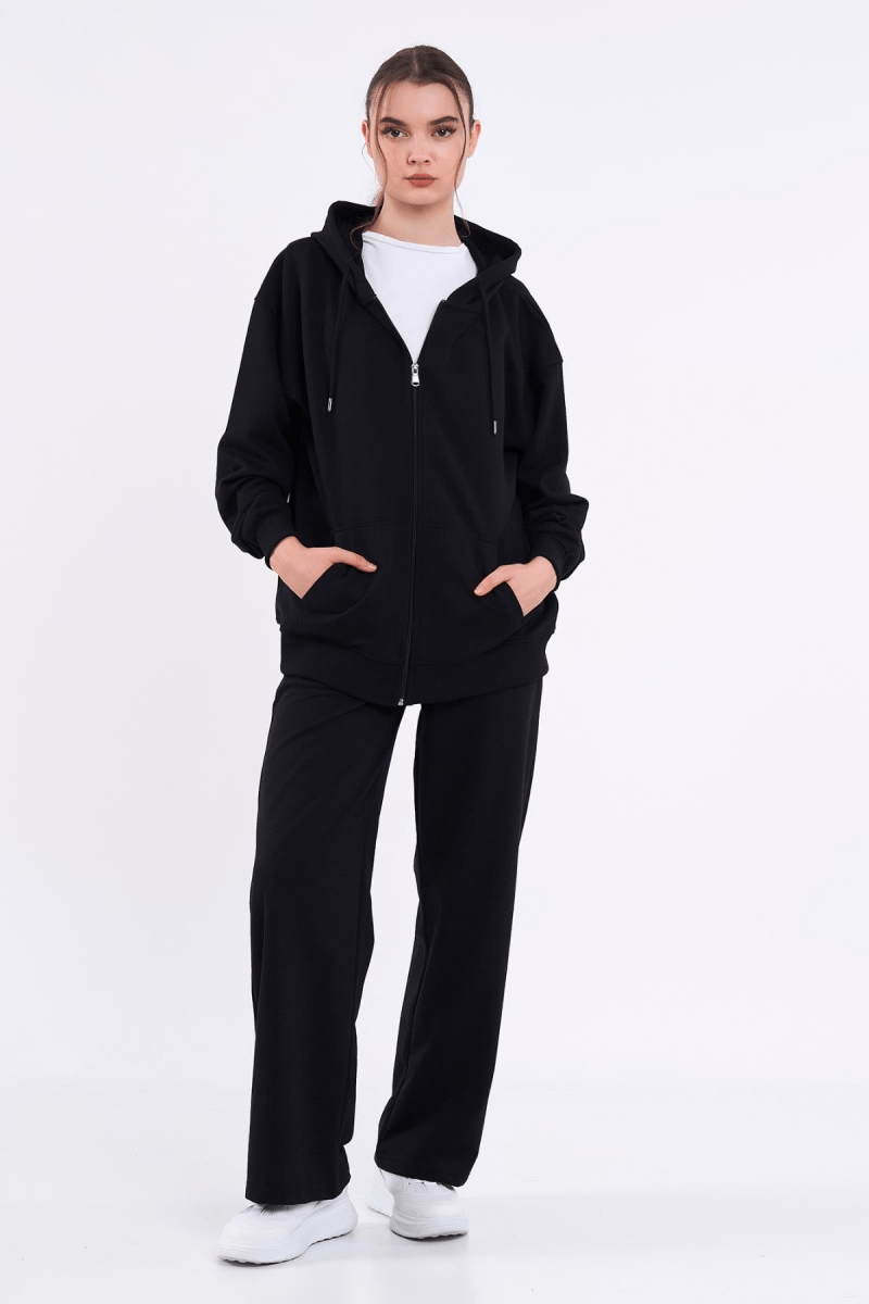 Siyah Kanguru Cepli Kapüşonlu Fermuarlı Oversize Kadın Sweatshirt MTLCB73 - MMETALIC