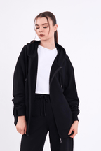 Siyah Kanguru Cepli Kapüşonlu Fermuarlı Oversize Kadın Sweatshirt MTLCB73 - MMETALIC