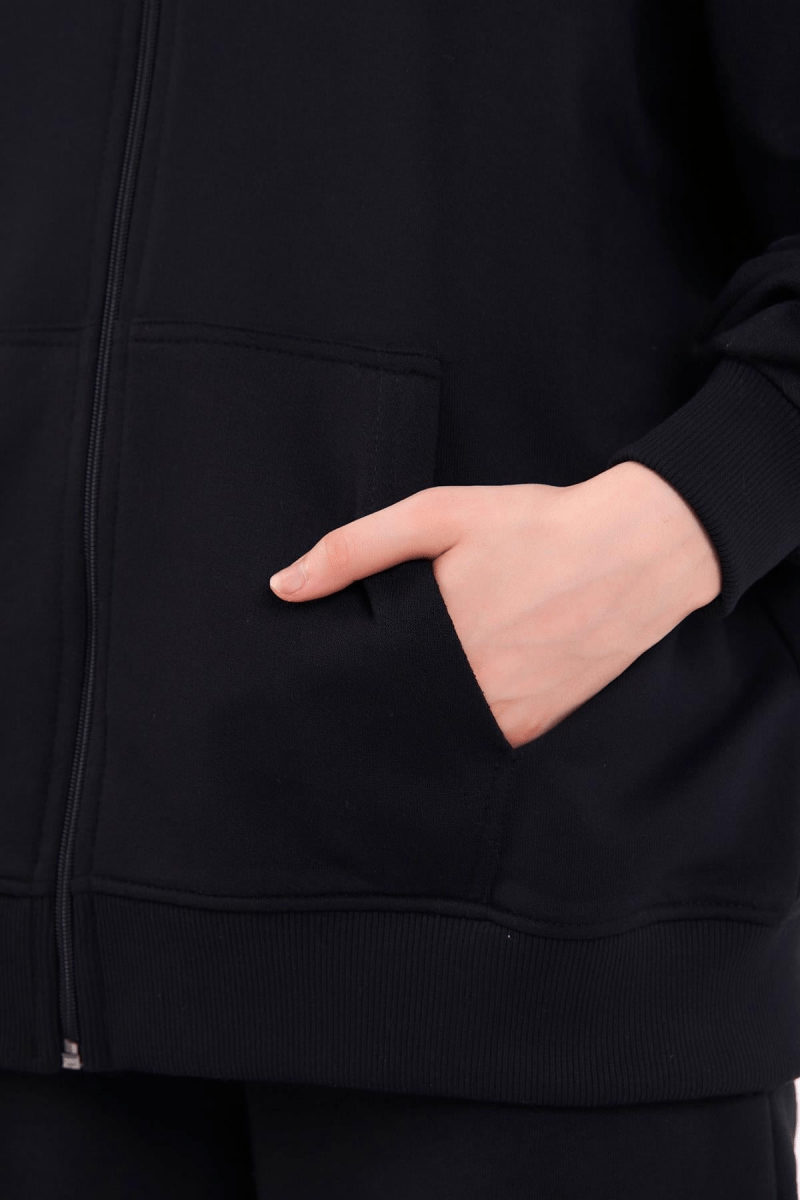 Siyah Kanguru Cepli Kapüşonlu Fermuarlı Oversize Kadın Sweatshirt MTLCB73 - MMETALIC