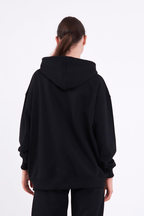 Siyah Kanguru Cepli Kapüşonlu Fermuarlı Oversize Kadın Sweatshirt MTLCB73 - MMETALIC