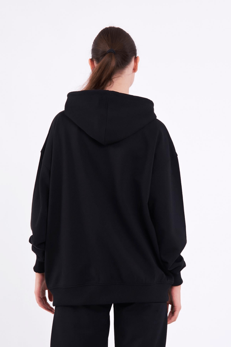 Siyah Kanguru Cepli Kapüşonlu Fermuarlı Oversize Kadın Sweatshirt MTLCB73 - MMETALIC
