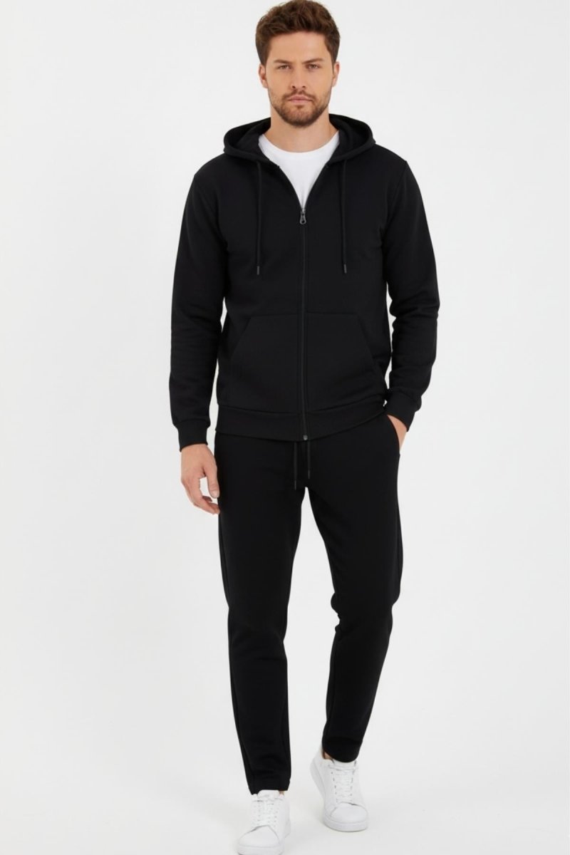 Siyah Kapüşonlu Regular Fit Hırka Düz Paça Erkek Eşofman Takımı 3861 - MMETALIC