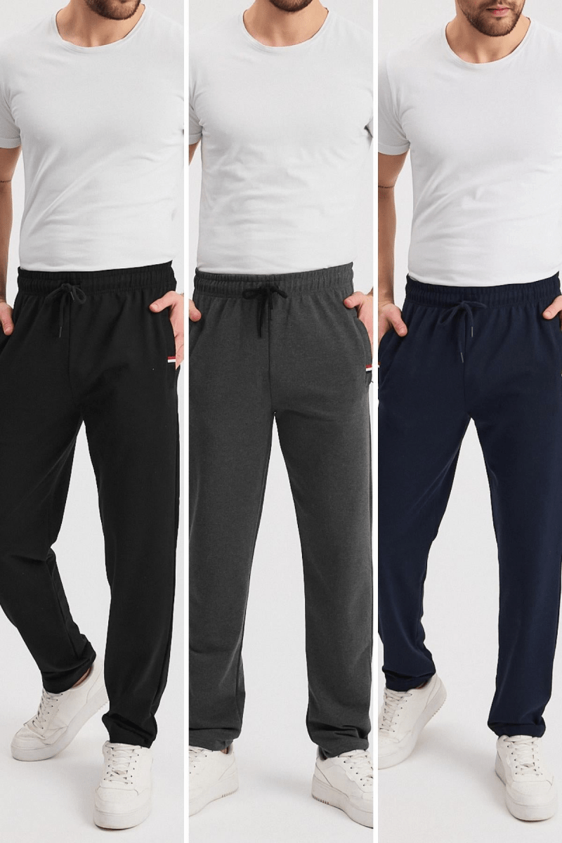 Siyah - Lacivert - Antrasit Erkek Fermuarlı Cepli Nakış Detaylı Düz Paça Rahat Kesim Günlük 3'lü Eşofman Altı - MMETALIC