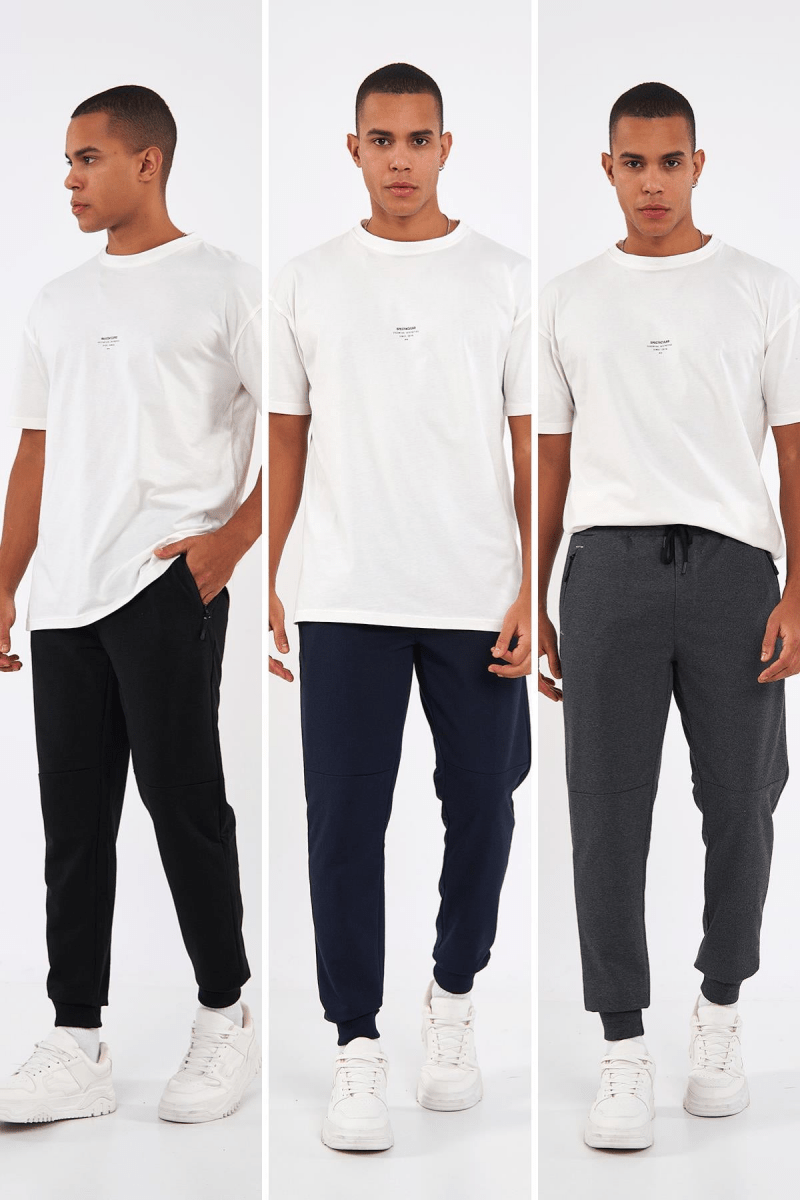 Sİyah - Lacivert - Antrasit Erkek Paçası Lastikli 3'lü Eşofman Altı - MMETALIC