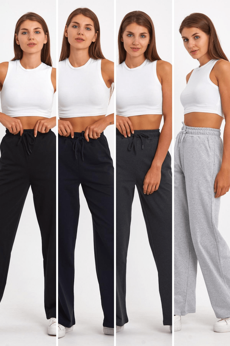Siyah - Lacivert - Antrasit - Gri Kadın Mevsimlik Salaş Geniş Rahat Paça Yan Cepli 4'Lü Eşofman Altı - MMETALIC
